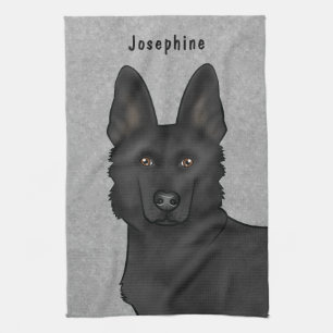 Black German Shepherd Dog Head And Name Gray Kitchen Towel