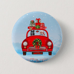 Black German Shepherd Dog In Car With Santa Claus  Button