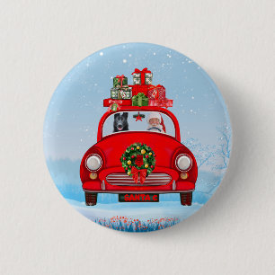 Black German Shepherd Dog In Car With Santa Claus  Button