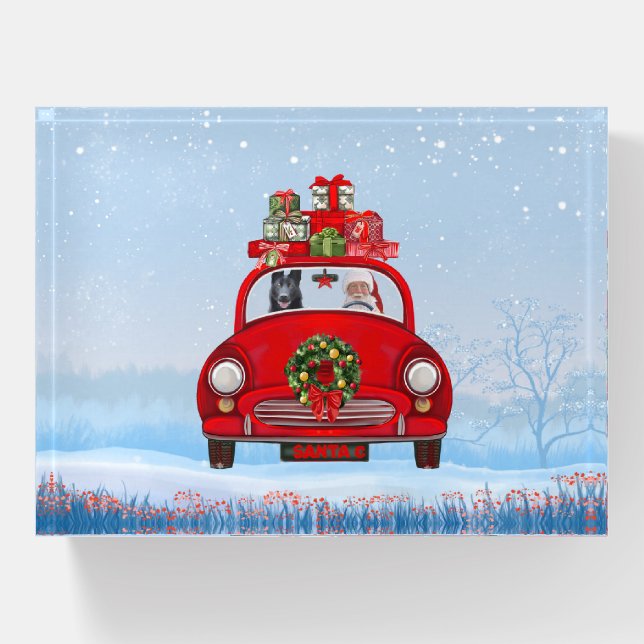 Black German Shepherd Dog In Car With Santa Claus  Paperweight (Front)
