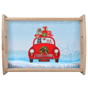 Black German Shepherd Dog In Car With Santa Claus  Serving Tray