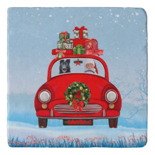 Black German Shepherd Dog In Car With Santa Claus  Trivet
