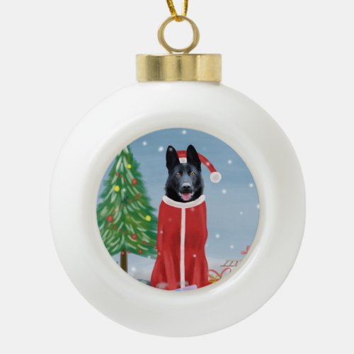 Black German Shepherd Dog in Snow Christmas Gifts Ceramic Ball Christmas Ornament