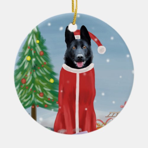 Black German Shepherd Dog in Snow Christmas Gifts  Ceramic Ornament