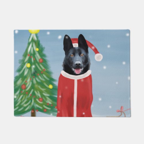 Black German Shepherd Dog in Snow Christmas Gifts  Doormat