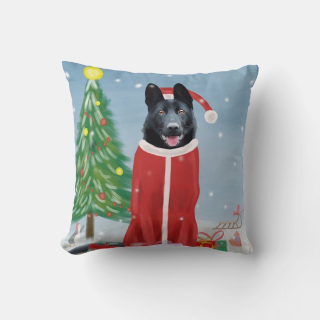 Black German Shepherd Dog in Snow Christmas Gifts Throw Pillow (Front)