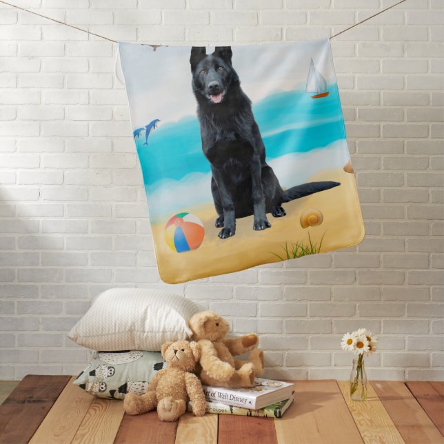 Black German Shepherd Dog on Beach Baby Blanket (In Situ)