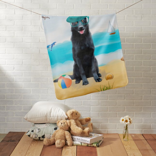 Black German Shepherd Dog on Beach Baby Blanket (In Situ)