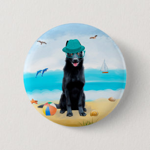 Black German Shepherd Dog on Beach Button