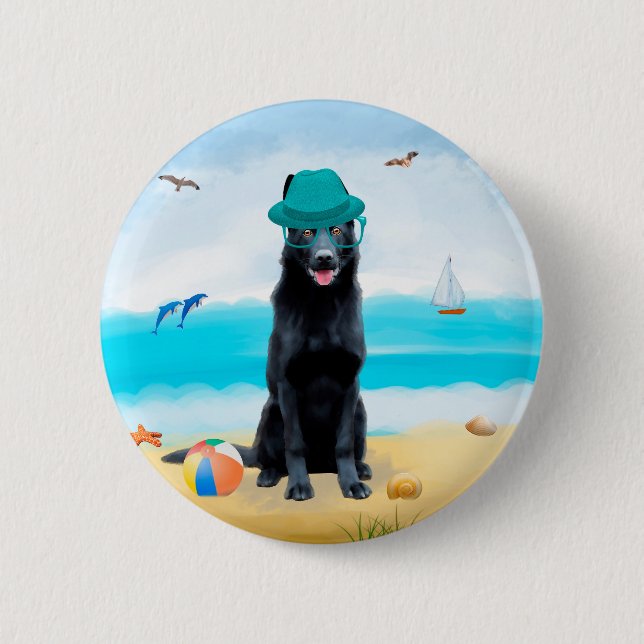 Black German Shepherd Dog on Beach Button (Front)