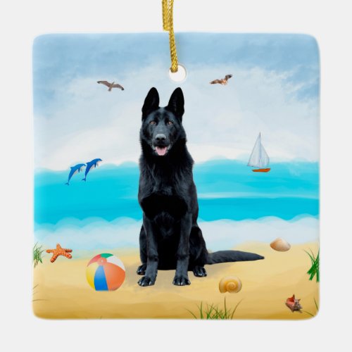 Black German Shepherd Dog on Beach Ceramic Ornament