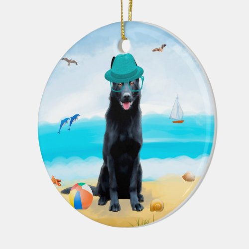 Black German Shepherd Dog on Beach Ceramic Ornament