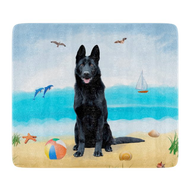 Black German Shepherd Dog on Beach Cutting Board (Front)
