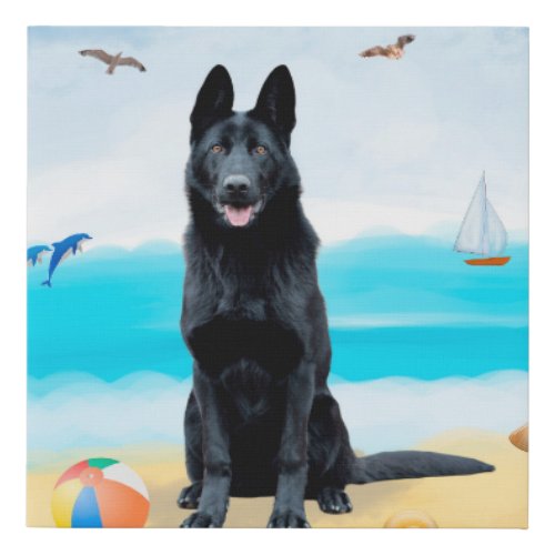 Black German Shepherd Dog on Beach Faux Canvas Print
