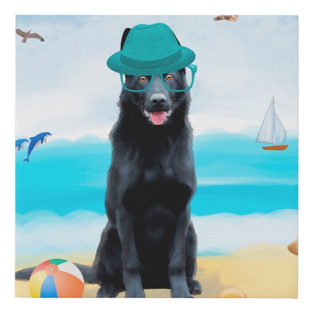 Black German Shepherd Dog on Beach Faux Canvas Print (Front)