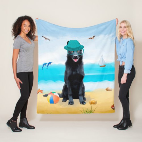 Black German Shepherd Dog on Beach Fleece Blanket