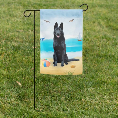 Black German Shepherd Dog on Beach  Garden Flag