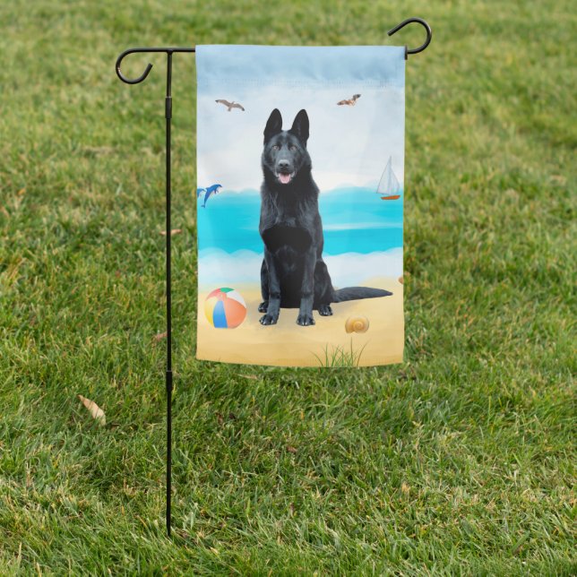 Black German Shepherd Dog on Beach Garden Flag (In SItu)
