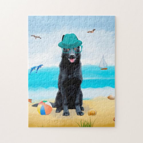 Black German Shepherd Dog on Beach Jigsaw Puzzle