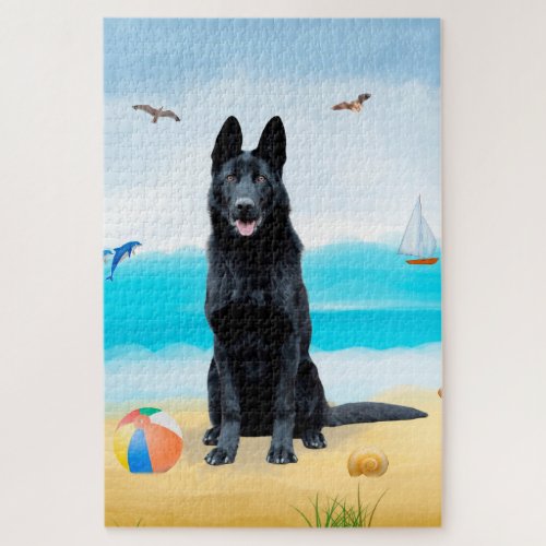 Black German Shepherd Dog on Beach Jigsaw Puzzle