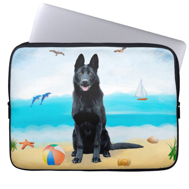 Black German Shepherd Dog on Beach Laptop Sleeve (Front)