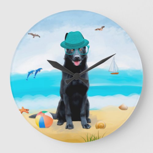 Black German Shepherd Dog on Beach Large Clock