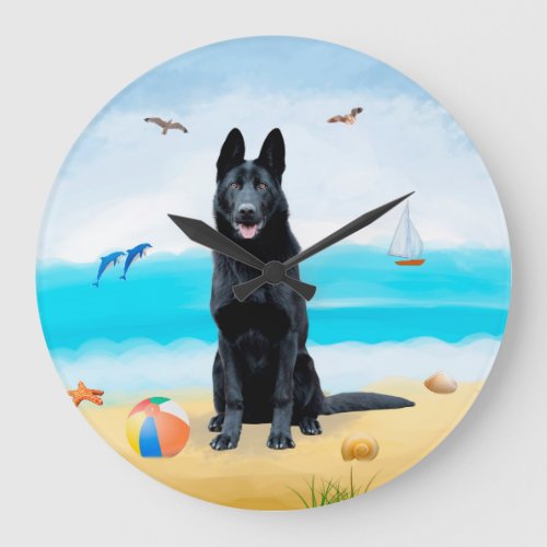 Black German Shepherd Dog on Beach Large Clock