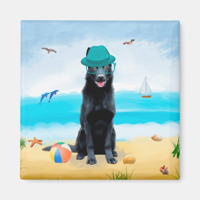 Black German Shepherd Dog on Beach Magnet (Front)