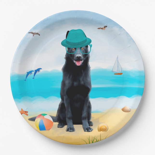 Black German Shepherd Dog on Beach Paper Plates (Front)
