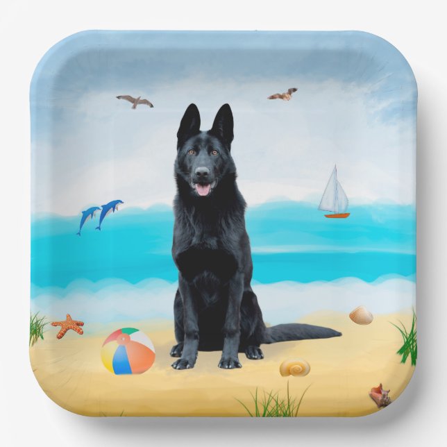 Black German Shepherd Dog on Beach Paper Plates (Front)