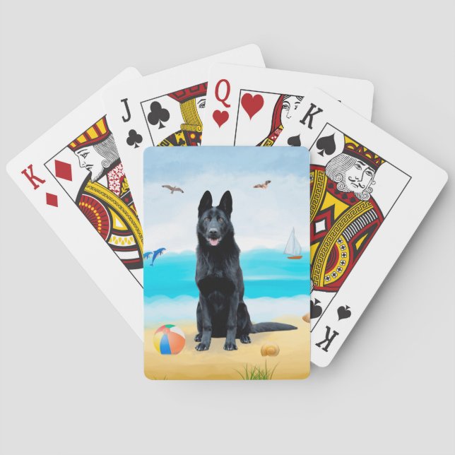 Black German Shepherd Dog on Beach Poker Cards (Back)