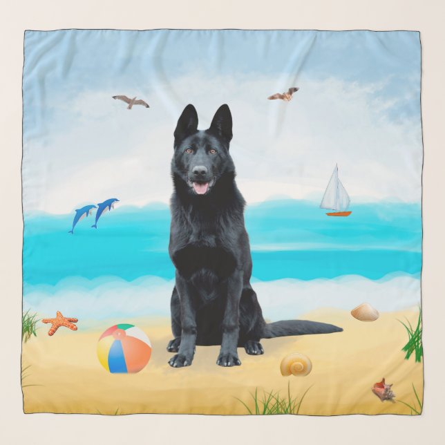 Black German Shepherd Dog on Beach Scarf (Front)