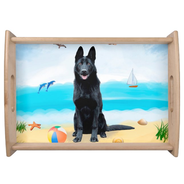 Black German Shepherd Dog on Beach Serving Tray (Front)
