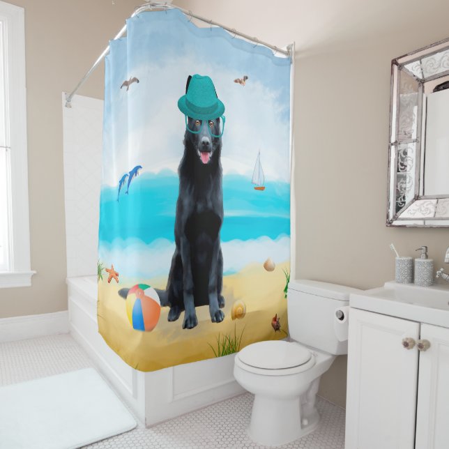 Black German Shepherd Dog on Beach Shower Curtain (In Situ)