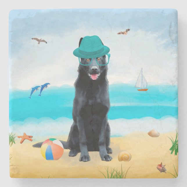 Black German Shepherd Dog on Beach Stone Coaster (Front)