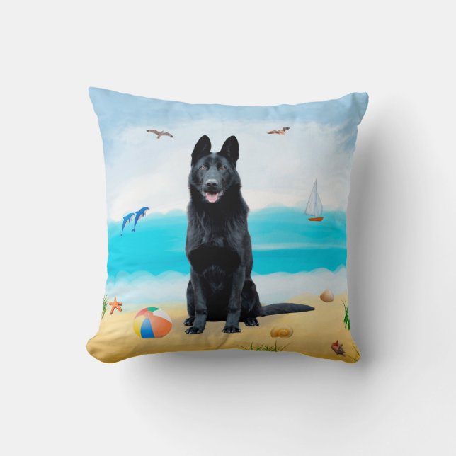 Black German Shepherd Dog on Beach Throw Pillow (Front)