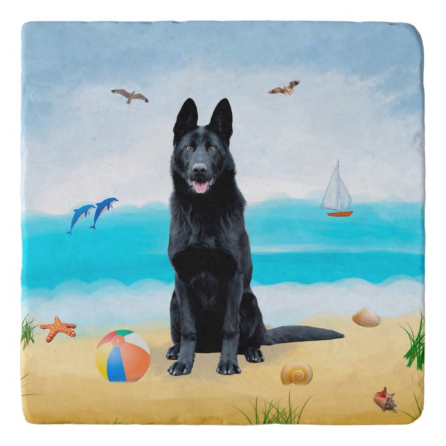 Black German Shepherd Dog on Beach Trivet (Front)