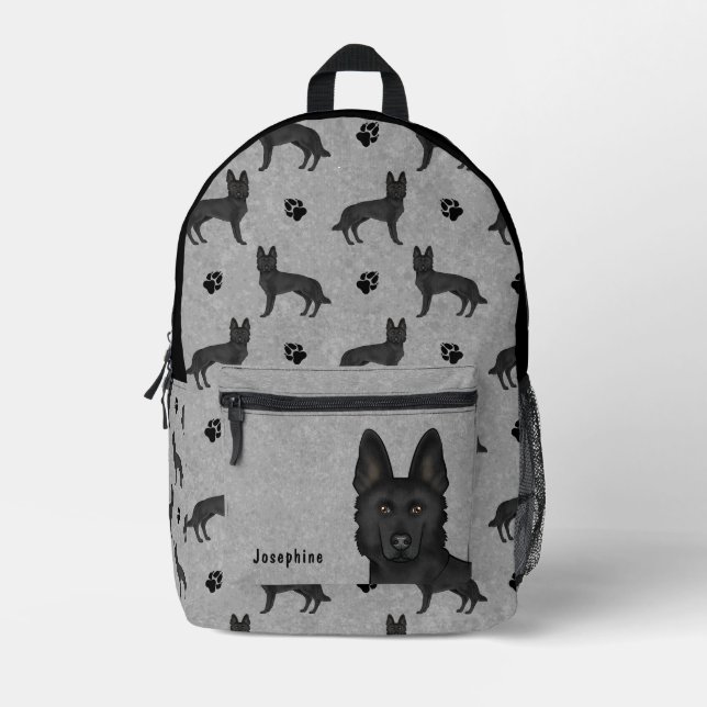 Black German Shepherd Dog Pattern With Name Gray Printed Backpack (Front)