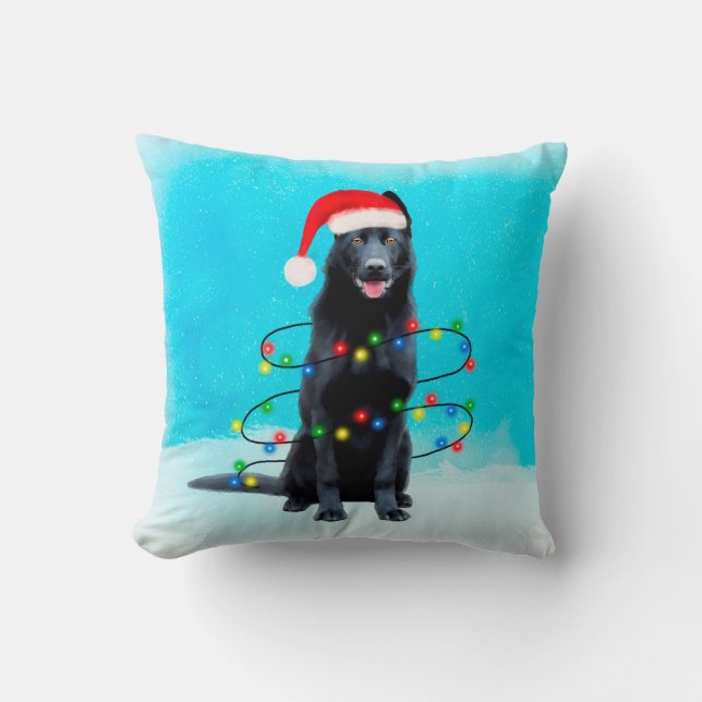 Black German Shepherd Dog Snow with Lights Throw Pillow (Front)