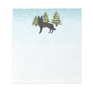 Black German Shepherd Dog Winter Forest Blue Green Notepad