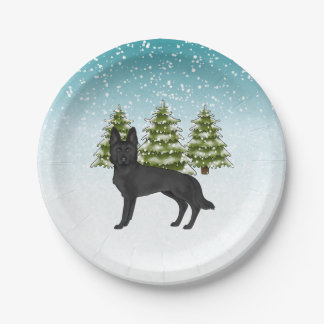 Black German Shepherd Dog Winter Forest Trees Blue Paper Plates