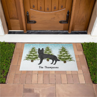 Black German Shepherd Dog Winter Forest With Name Doormat