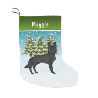 Black German Shepherd Dog Winter Forest With Name Small Christmas Stocking