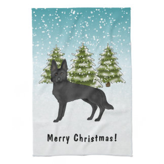 Black German Shepherd Dog Winter Forest With Text Kitchen Towel