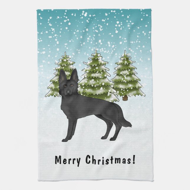 Black German Shepherd Dog Winter Forest With Text Kitchen Towel (Vertical)