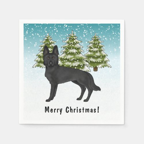 Black German Shepherd Dog Winter Forest With Text Napkins