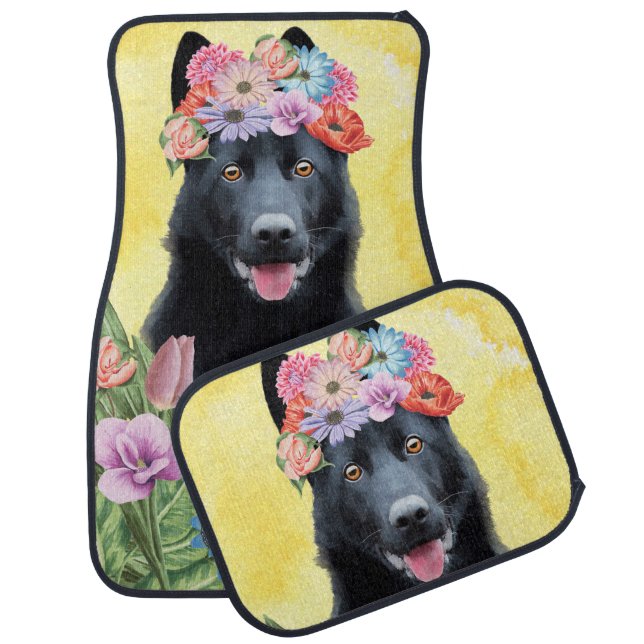 Black German Shepherd Dog with Flowers  Car Floor Mat (Set)