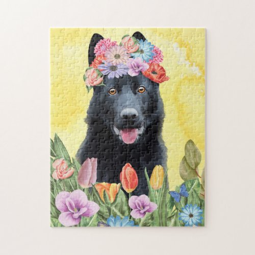 Black German Shepherd Dog with Flowers Spring Jigsaw Puzzle