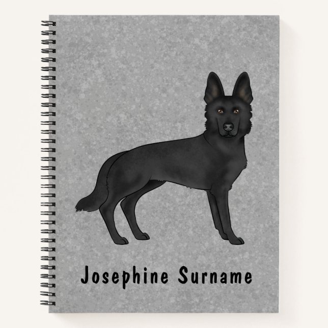 Black German Shepherd GSD Dog And Custom Text Gray Notebook (Front)