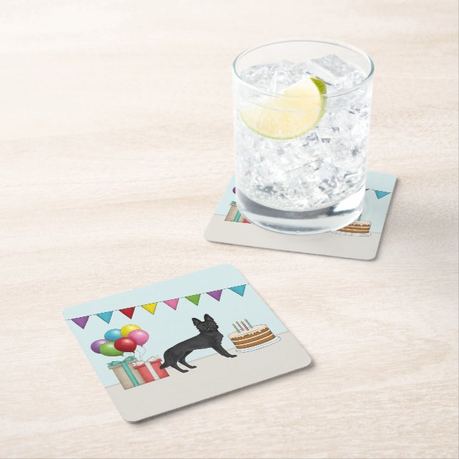 Black German Shepherd GSD Dog Colorful Birthday Square Paper Coaster (Insitu)